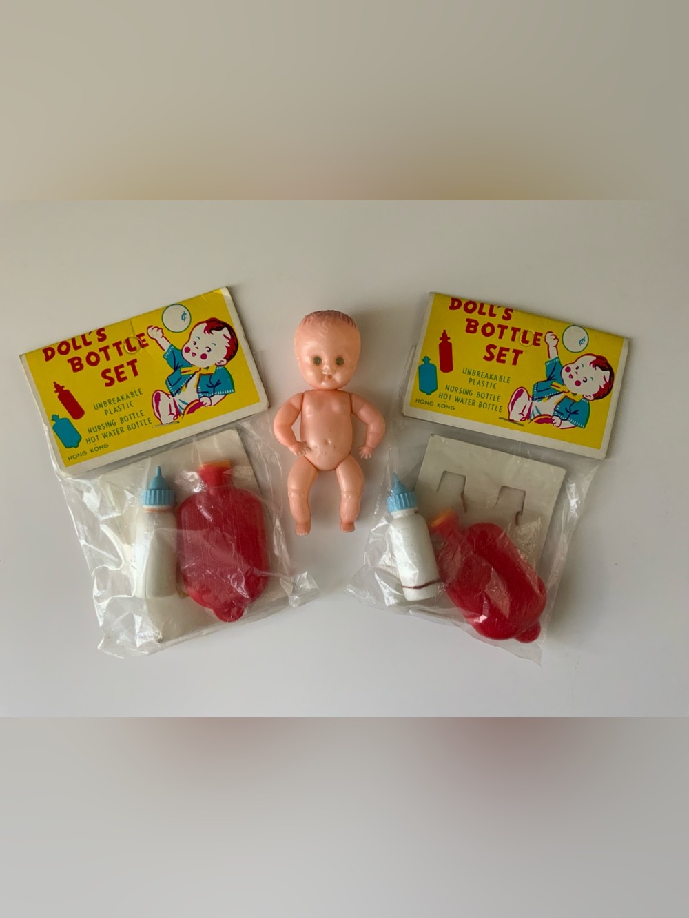 Vintage 70s Baby Doll with Red Bottle Set
